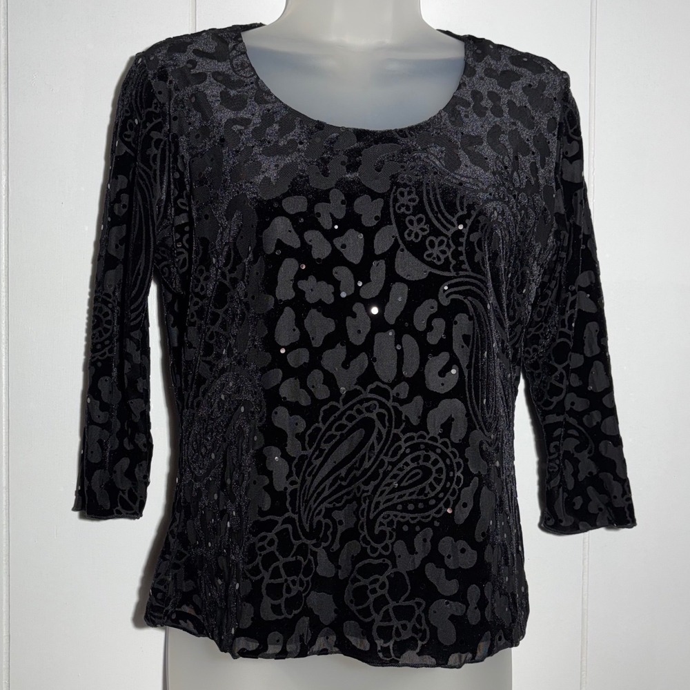 Y2K VTG Paisley Leopard Black Velvet Burnout Sequin Sz Small‎ Dark Whimsigoth